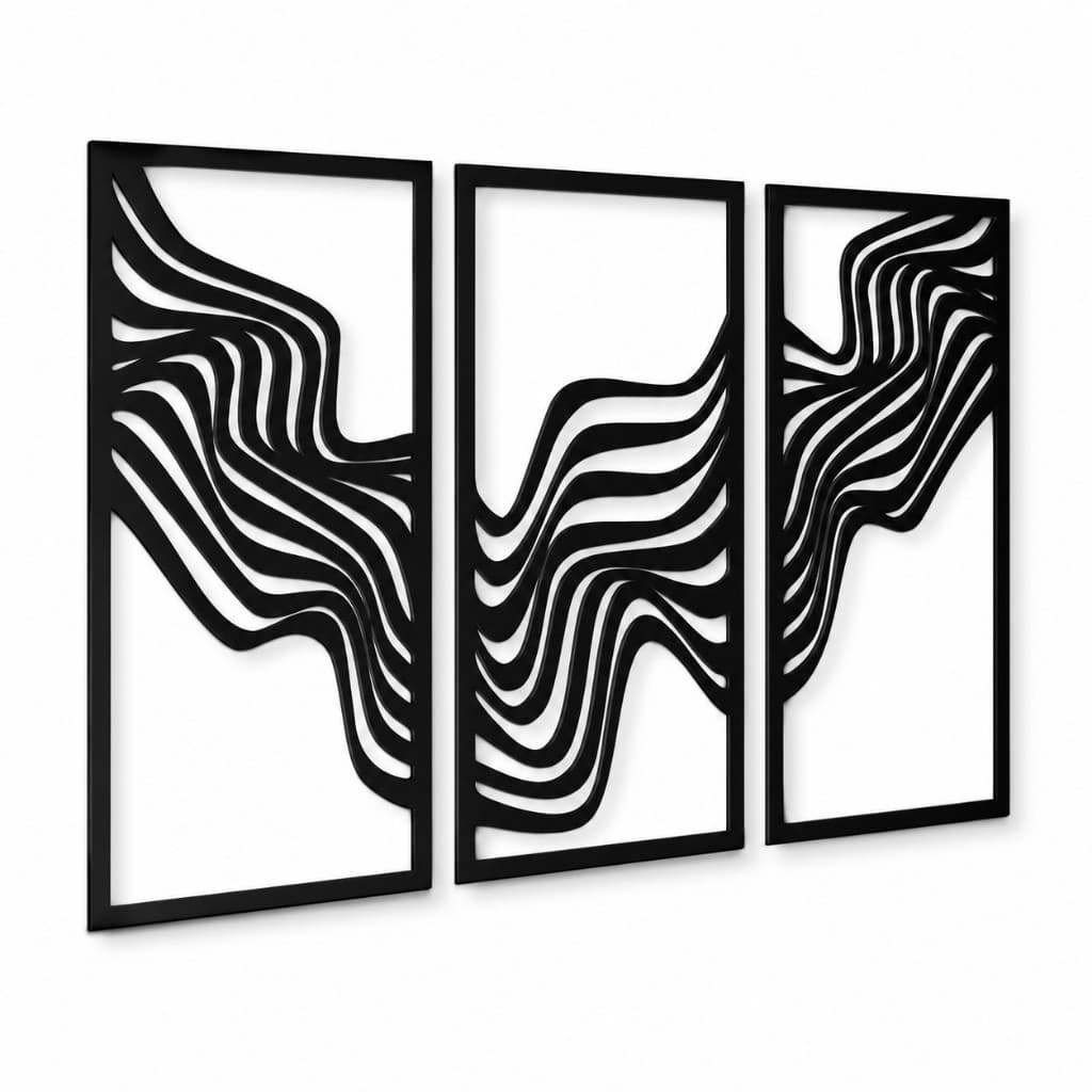 Kit 3 Quadros Vazados Abstratos MDF 3mm Preto Linhas Modernas Decoração Sala e Quarto