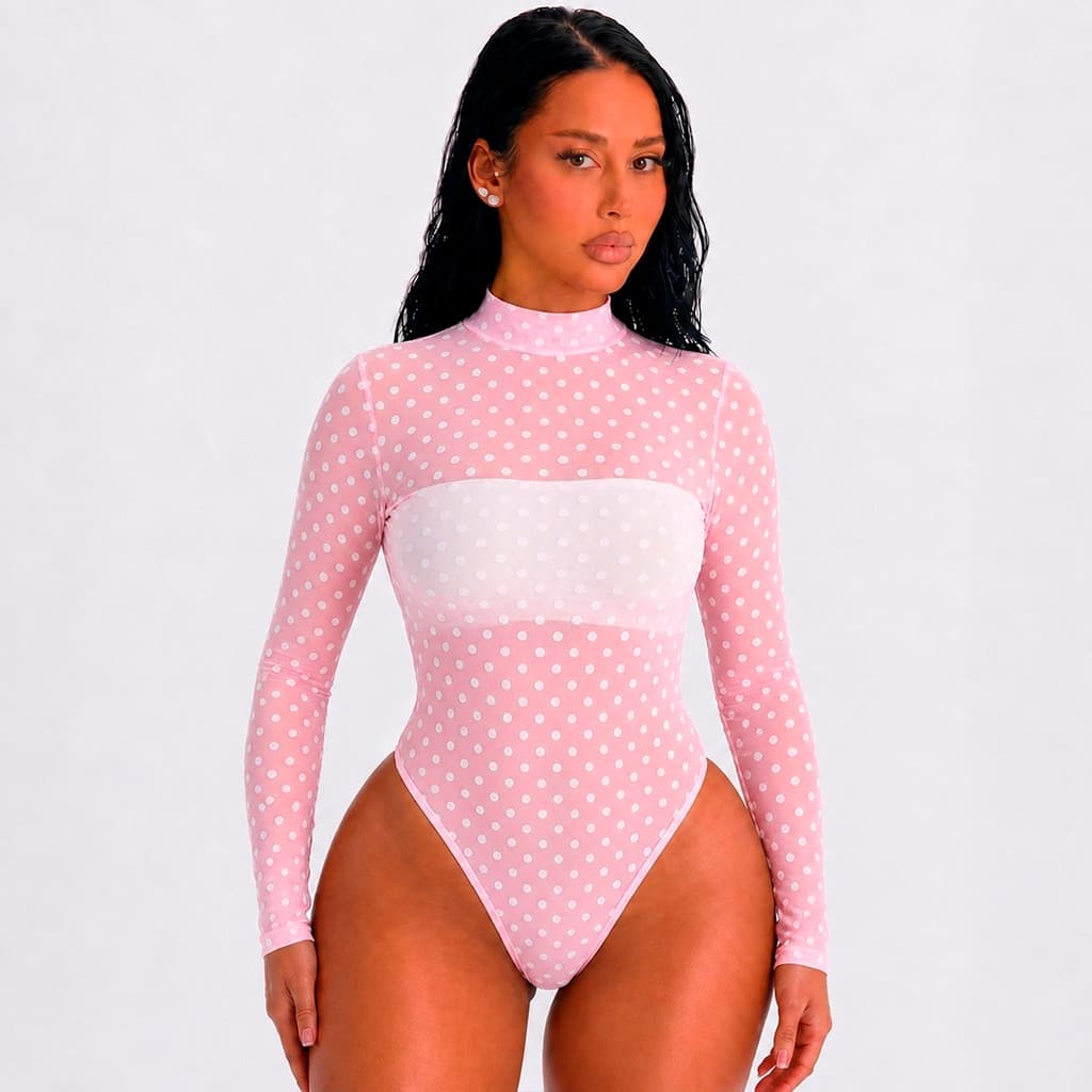 Body Feminino Transparente Manga Longa Gola Cavado Tule