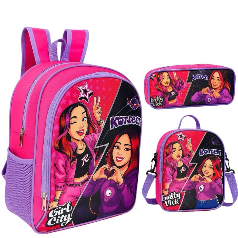 Kit Escolar Emily Vick Dos Rosa Mochila Forro Interno Lancheira Térmica + Estojo Resistente