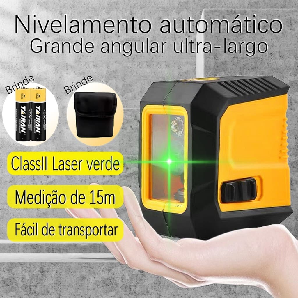 Nível a Laser Autonivelante 360 Graus 2 Linhas Luz Verde 20m com 2 Baterias para Construção