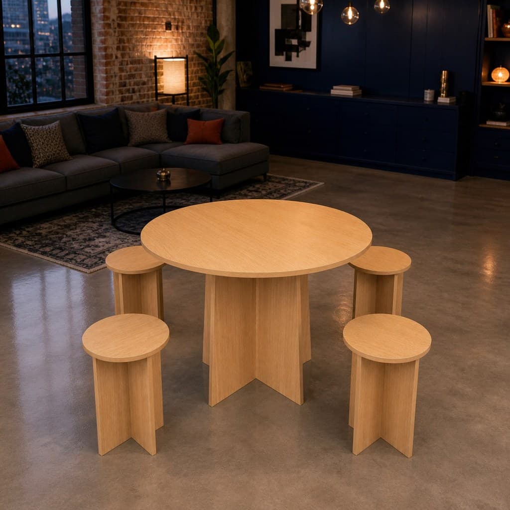 Mesa de Jantar Redonda com 4 Banquetas – Conjunto Compacto para Cozinha e Apartamento