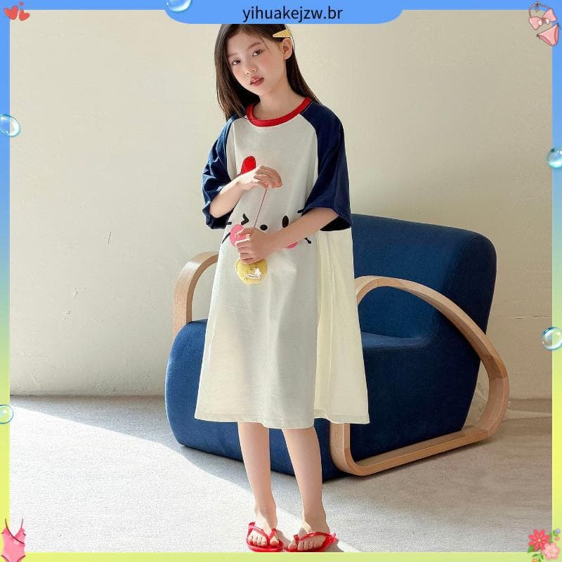 Meninas camisola de algodão puro vestido de verão novo Casual solto médio grande crianças vestido pijama verão meninas H