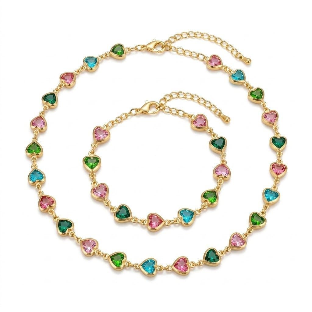 Conjunto Choker + Pulseira Coração Colorido Elegante Delicado Folheado Ouro e Prata
