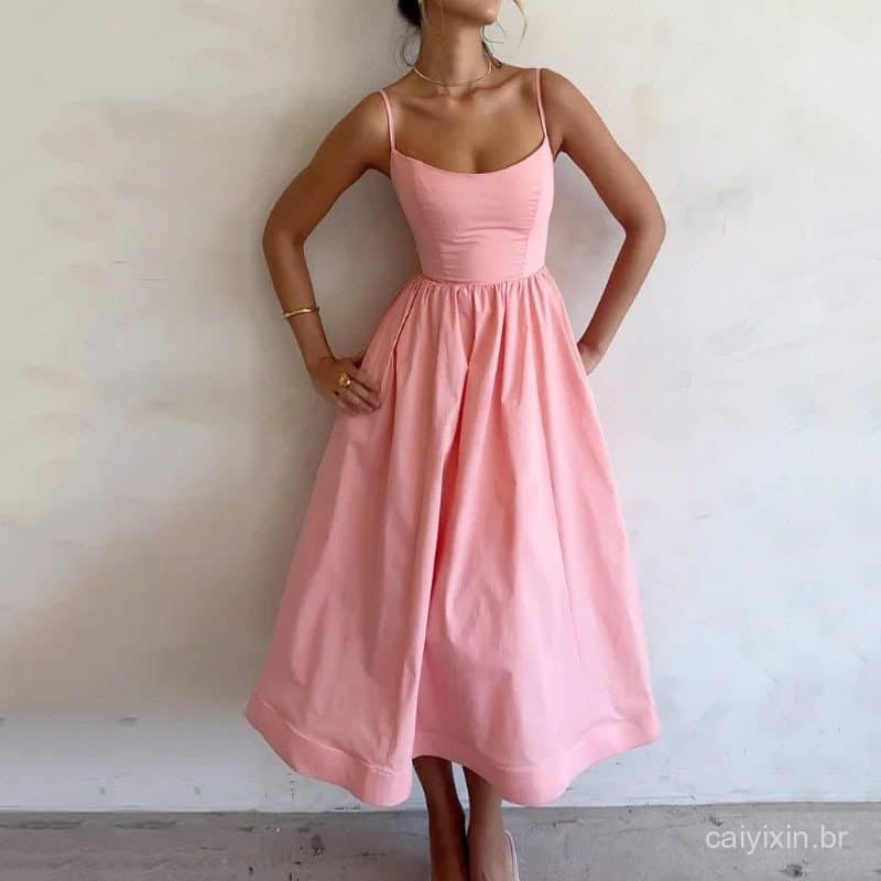 Vestido Corset Vintage Feminino, Elegante Vestido de Alças de Cintura Alta, Vestido Casual de Verão Estilo Boho A-line M