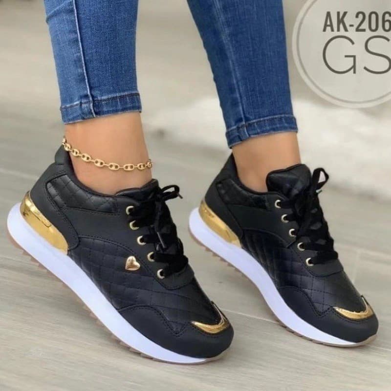 Plus Size Sapatos Esportivos Femininos Lantejoulas Ultra-Leve Tênis Tamanho Grande Espelho De Fundo Grosso Preto De Corr
