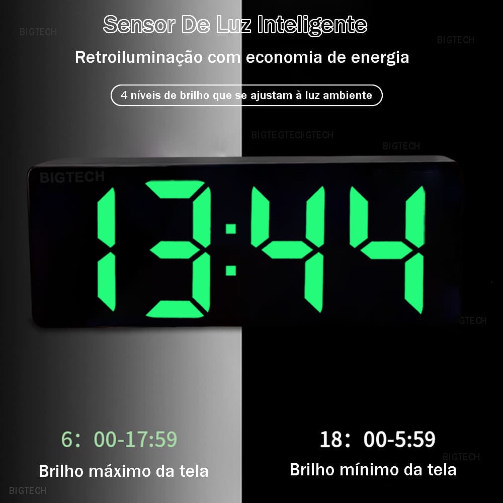 Relógio Digital LED de Parede e Mesa com Sensor de Luz