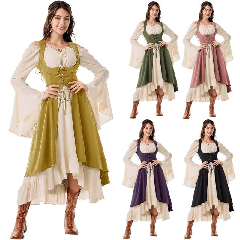 Vestido Retrô Medieval Europeu Estilo Pirata com Corset de Cores Contrastantes, Decote Baixo, Elegante para Fantasias de