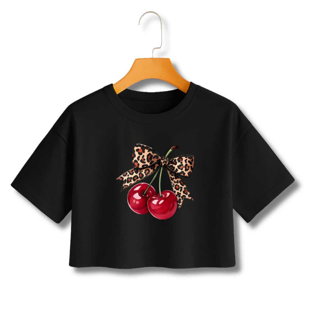 Cropped Feminino Cereja com Laço Animal Estampado Moda Moderna Delicado Aesthetic Tendência Casual