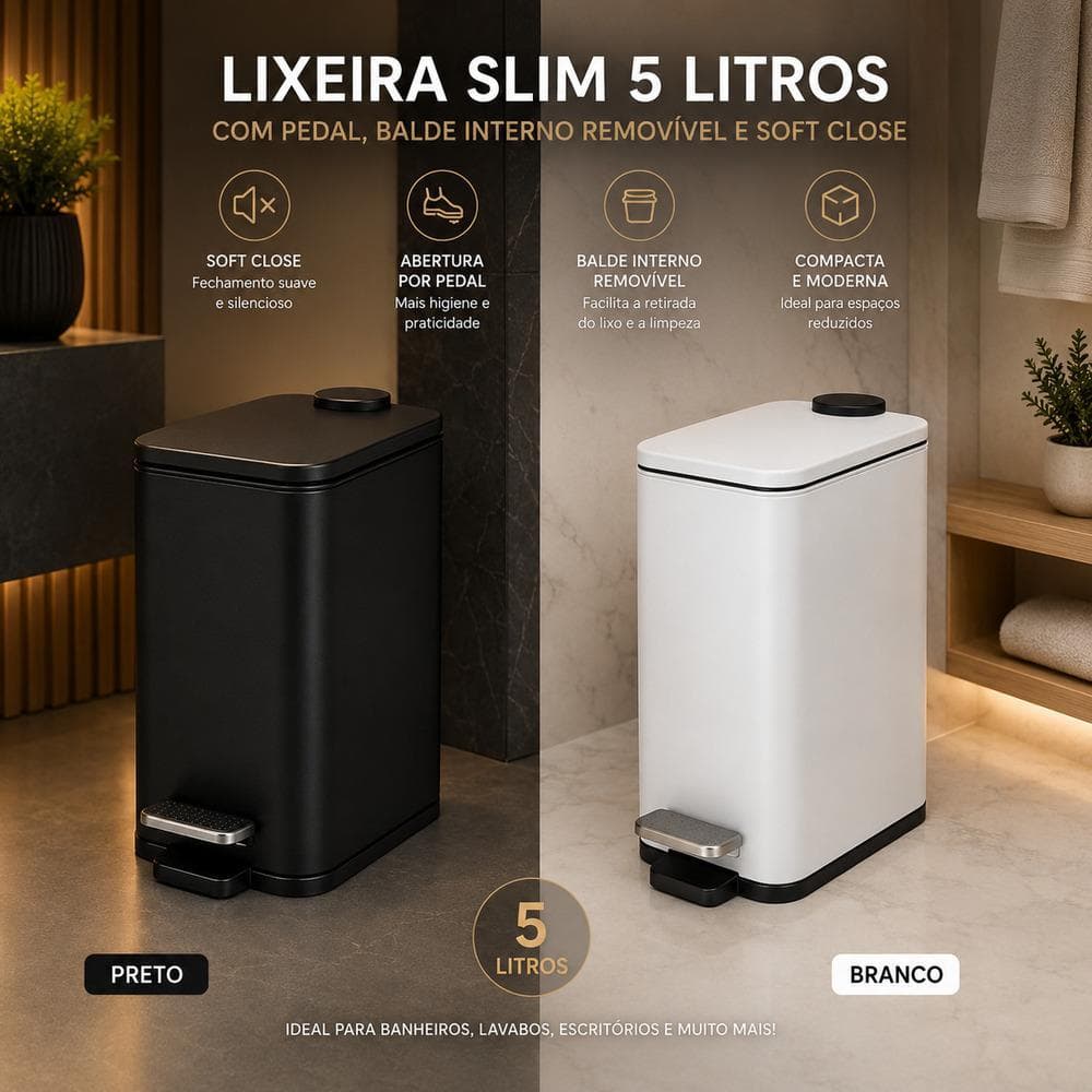 Lixeira com Pedal 5L Branca Preta Metal e Amortecedor