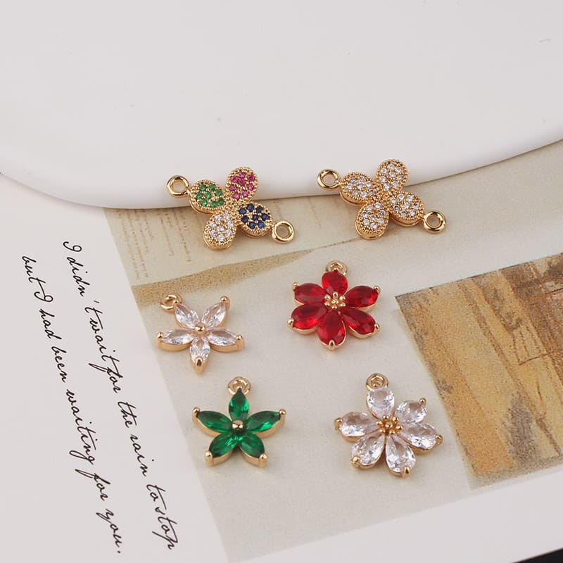 Cobre revestido de ouro incrustado zircão seis pétalas flor trevo de quatro folhas anel duplo brincos colar pulseira diy