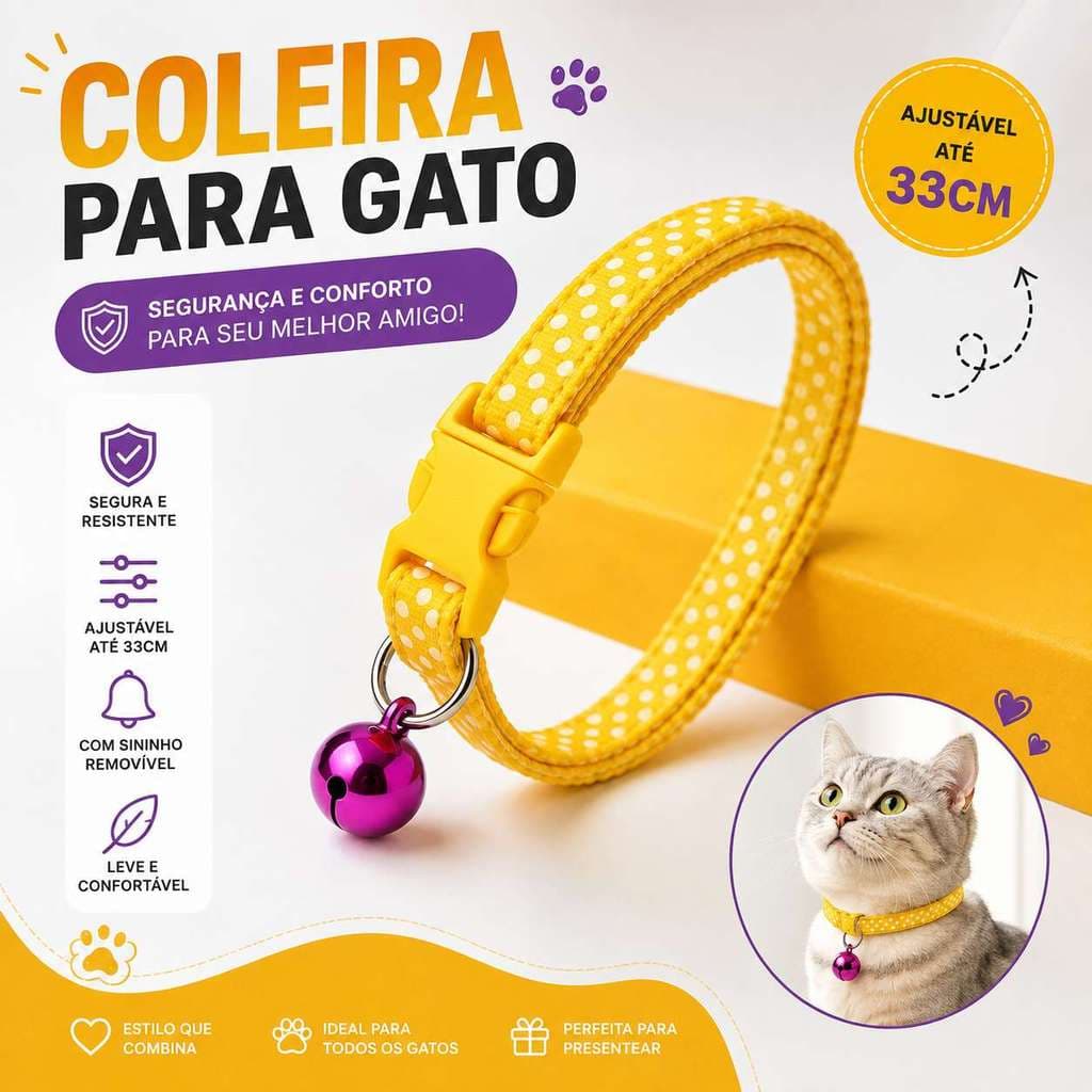 Coleira Pet Ajustável até 33cm com Guizo Estampa de Bolinhas para Cães e Gatos