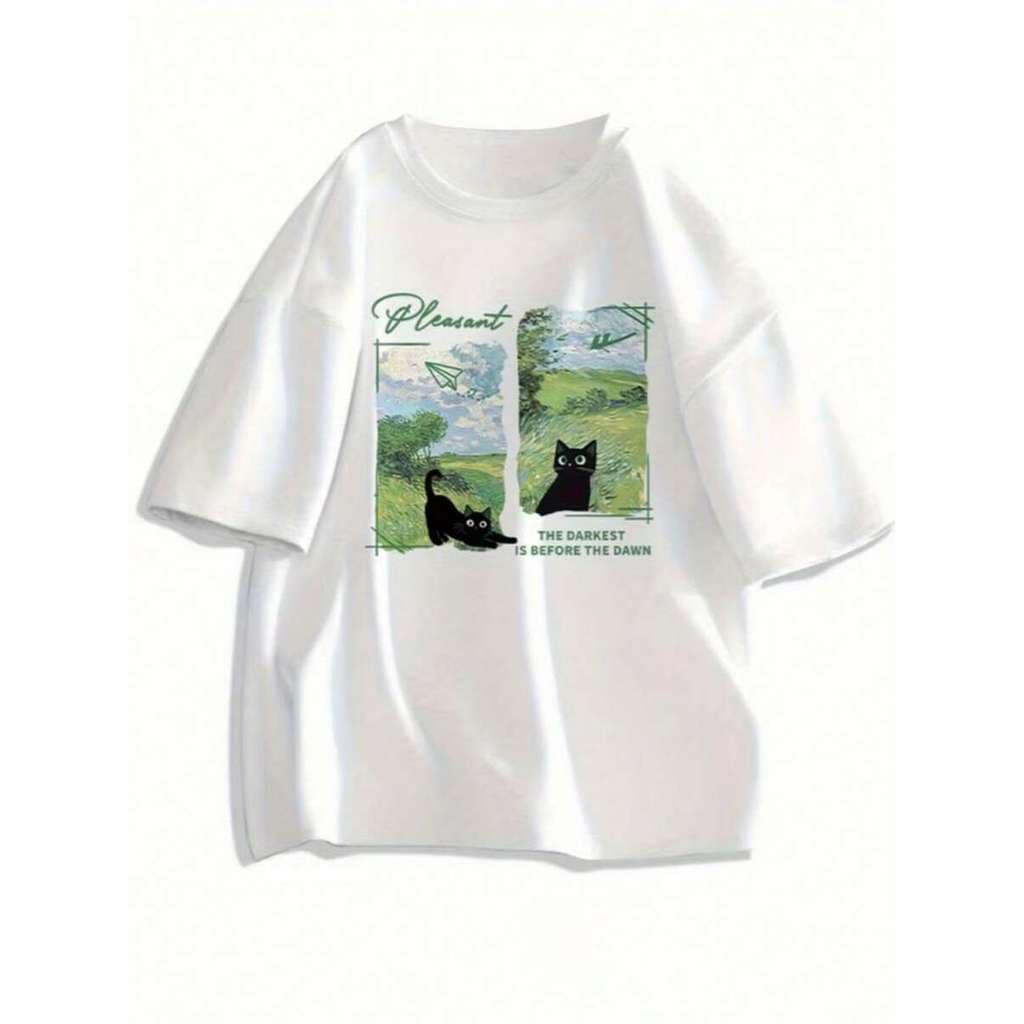 Camiseta Feminina Estampada 100% Algodão Premium Modelo: "Gato Preto Pleasant"