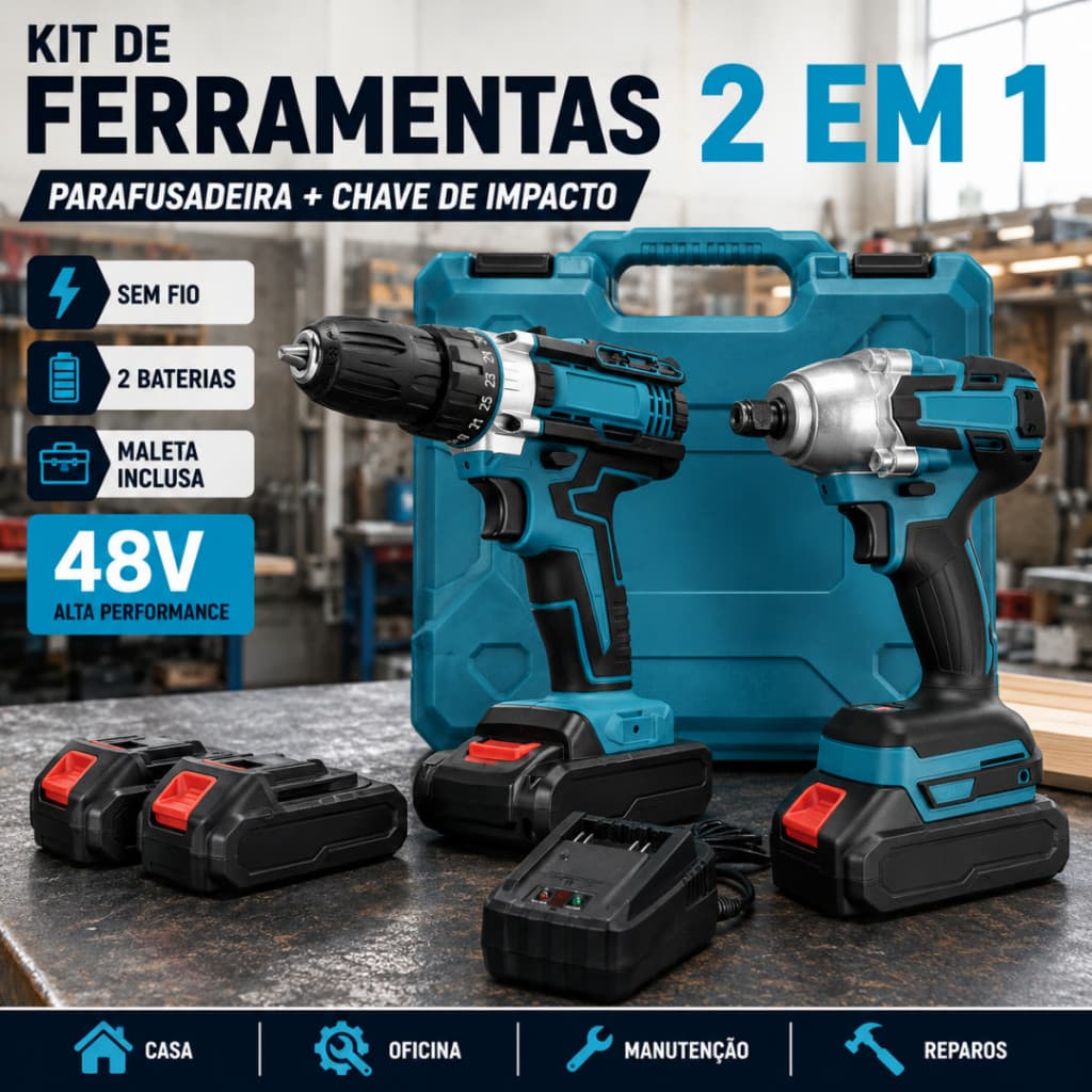 Kit 2 em 1 Ferramentas 48V com 2 Baterias – Parafusadeira + Chave de Impacto Sem Fio Profissional