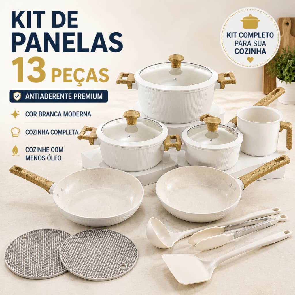 Kit Panelas Antiaderentes 13 Peças Branco Completo Jogo de Cozinha Revestimento Antiaderente Fácil Limpeza Panelas