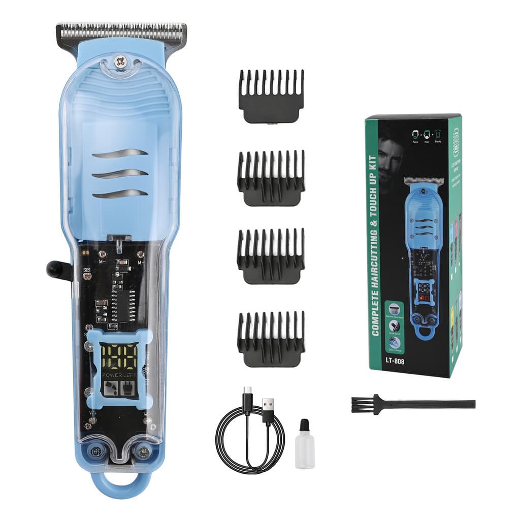 Máquina de Cortar Cabelo Profissional LCD Transparente Sem Fio Recarregável com 4 Pentes