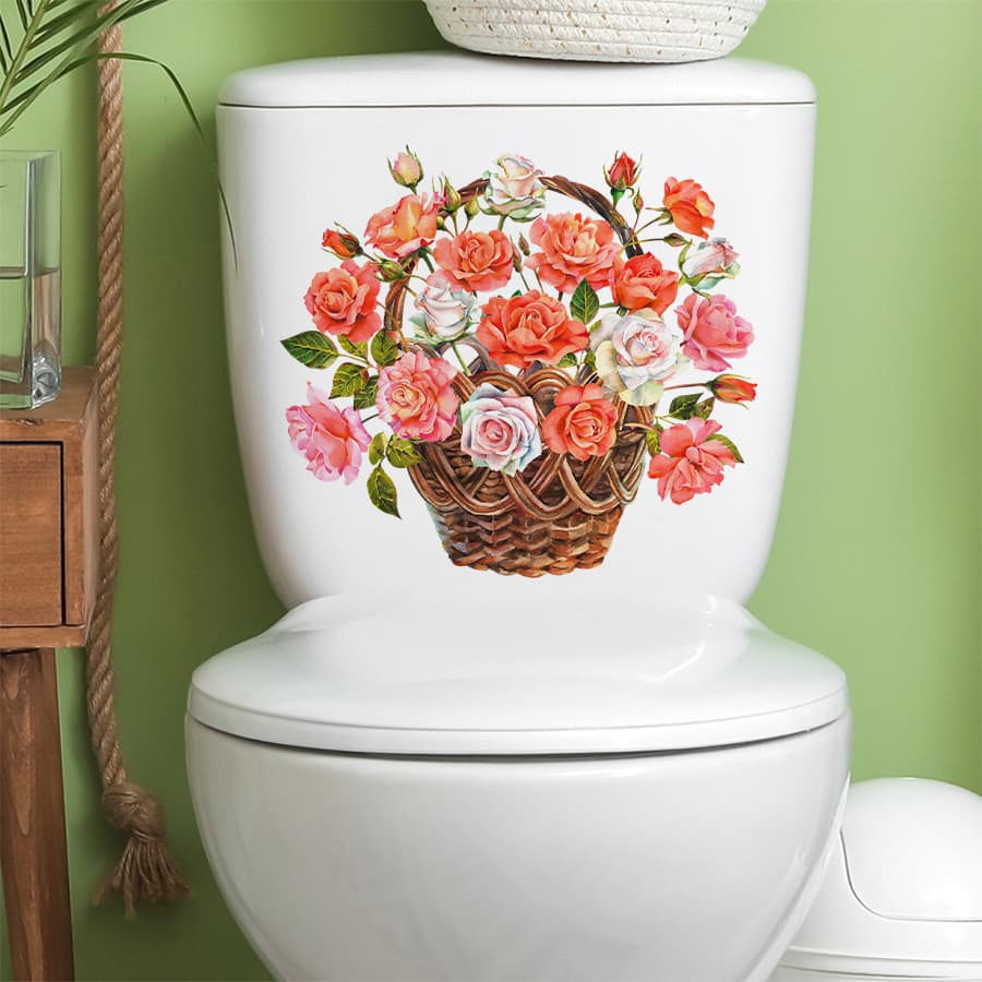 Adesivos de parede pintados linda cesta de rosas auto-adesivo adesivos de banheiro banheiro tanque de água adesivos deco