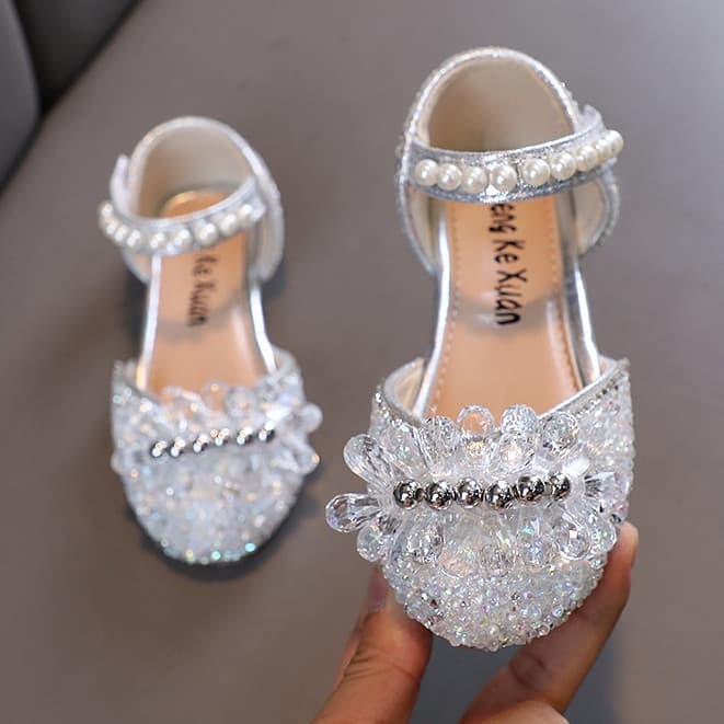 Elegante Sandália Infantil para Meninas com Design de Princesa com Pérolas e Cristais, Sapatos para Casamento, Aniversár