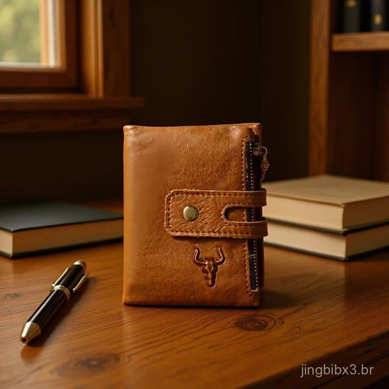 [Promoção] Carteira de Couro Master Craftsman, Design Curto com Zíper e Botão, Múltiplos Compartimentos para Cartões, Es