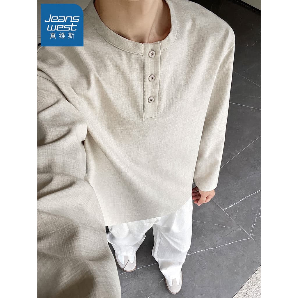 GR True Wes Henry Collar Camiseta de manga comprida masculina 2026 outono novo estilo solto Casual estilo dinheiro antig