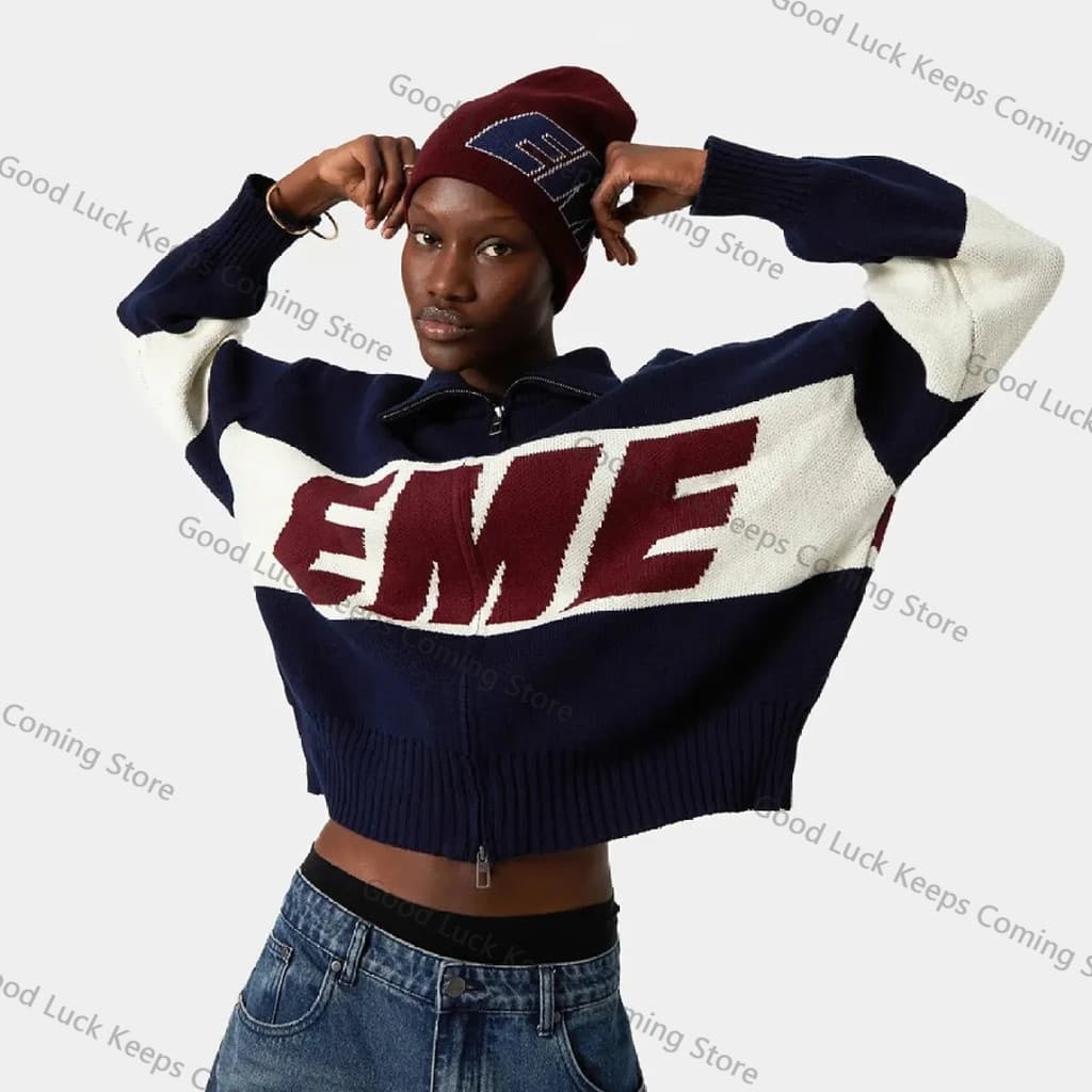Marca De Moda De Rua Inverno Carta Emenda Bordado Simples Zíper Camisola Cardigan
