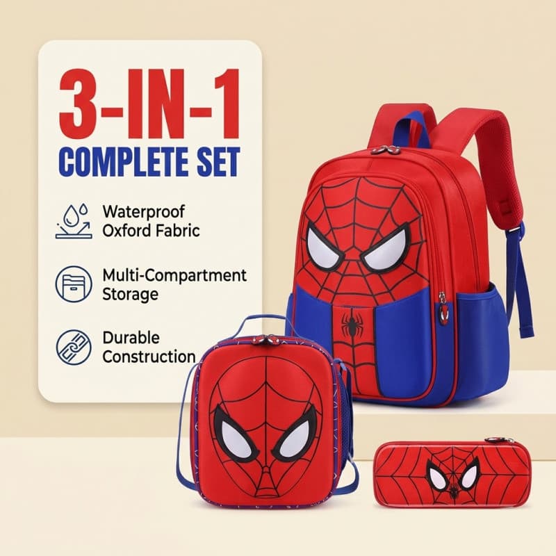 Conjunto de Mochila Infantil Homem-Aranha 3 em 1, Mochila Escolar + Lancheira + Estojo, Mochila Leve para Meninos do Jar