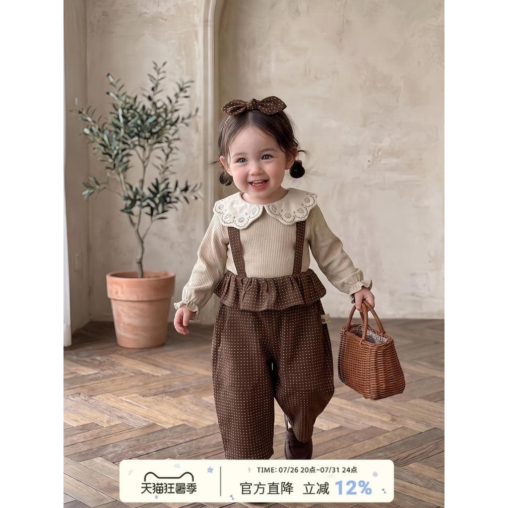 Meninas estilo coreano usar roupas de outono bonito camisa de fundo moda macacão terno do bebê outono doce calças superi