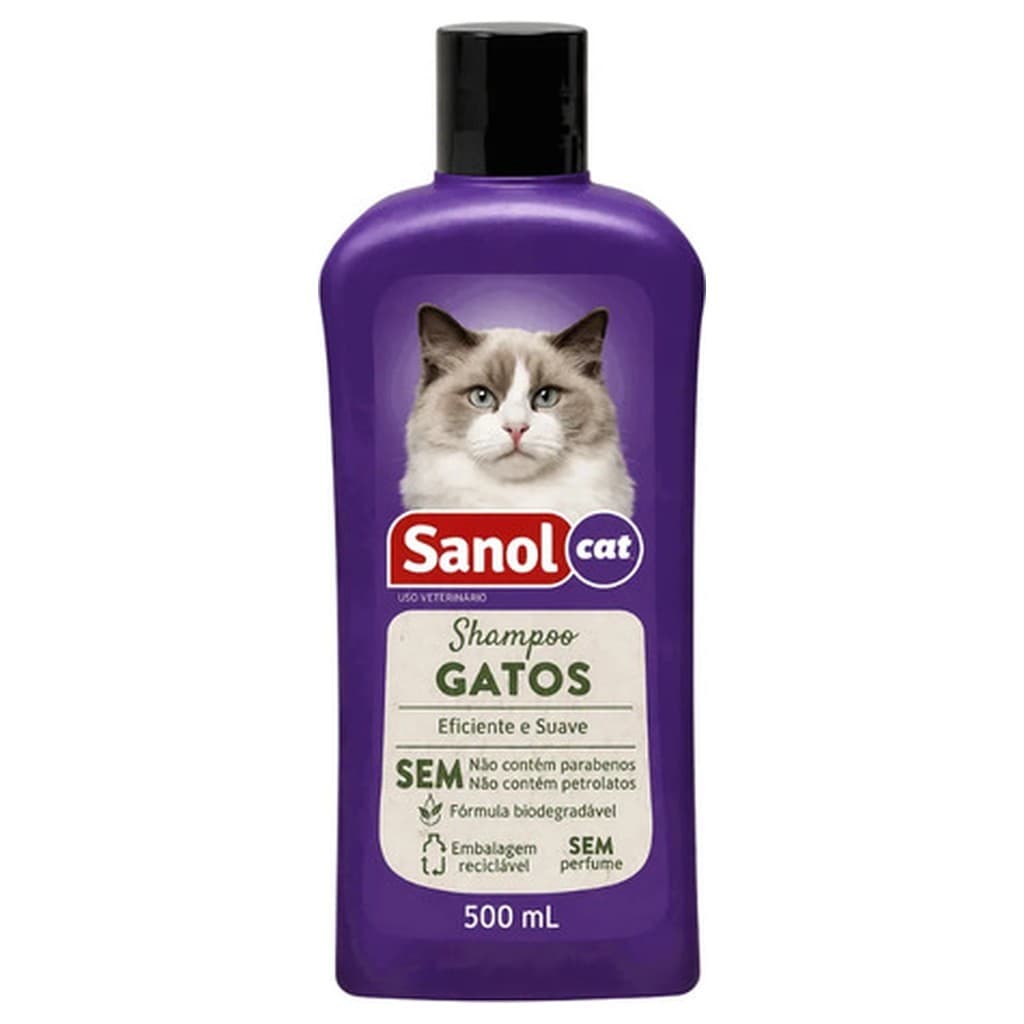 Shampoo Gatos Sanol Cat 500ml Sem Perfume Glicerina Neutra Higiene Pelagem Macia Limpeza Suave Biodegradável Sem