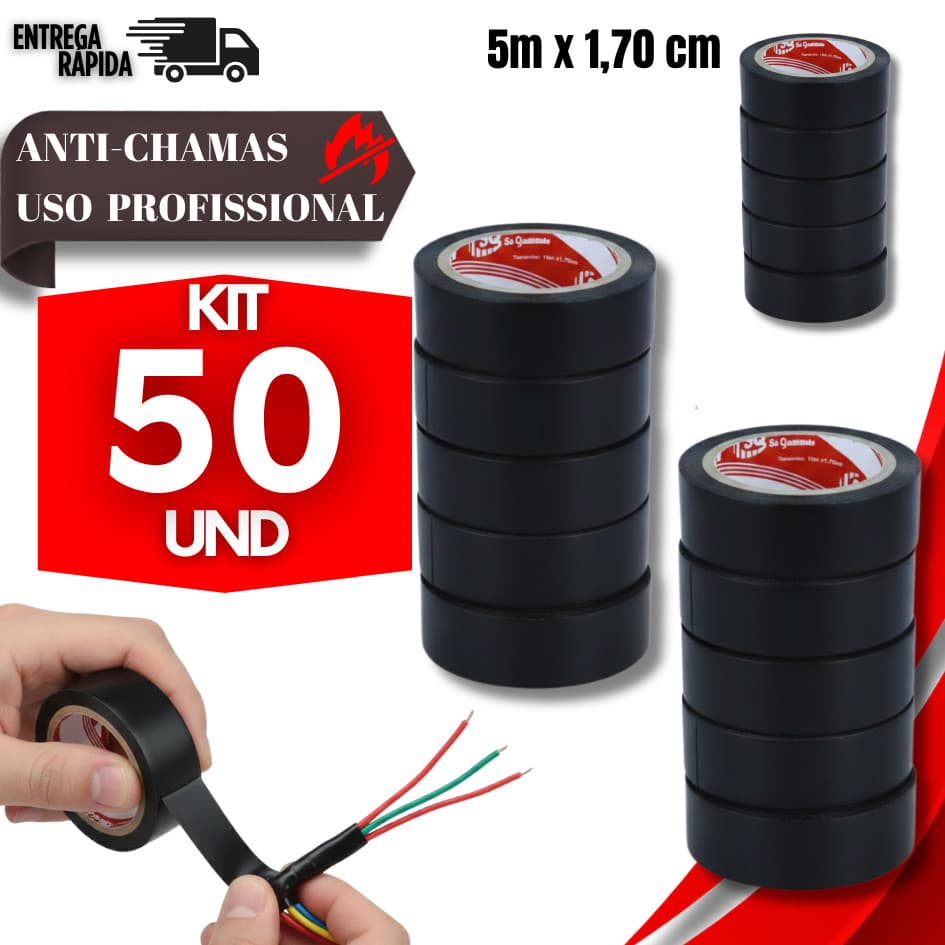 Kit Fita Isolante 5m Preta Antichamas Isolação Elétrica Alta Resistência Uso Profissional, Doméstico e Revenda