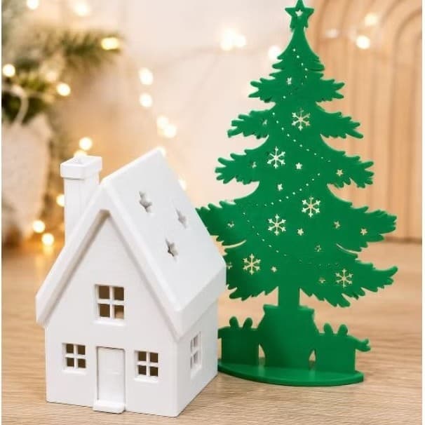 Casinha Natalina Com Chaminé Com Pinheiro Decoração De Natal  Enfeite De Mesa Fila De Natal Elegante