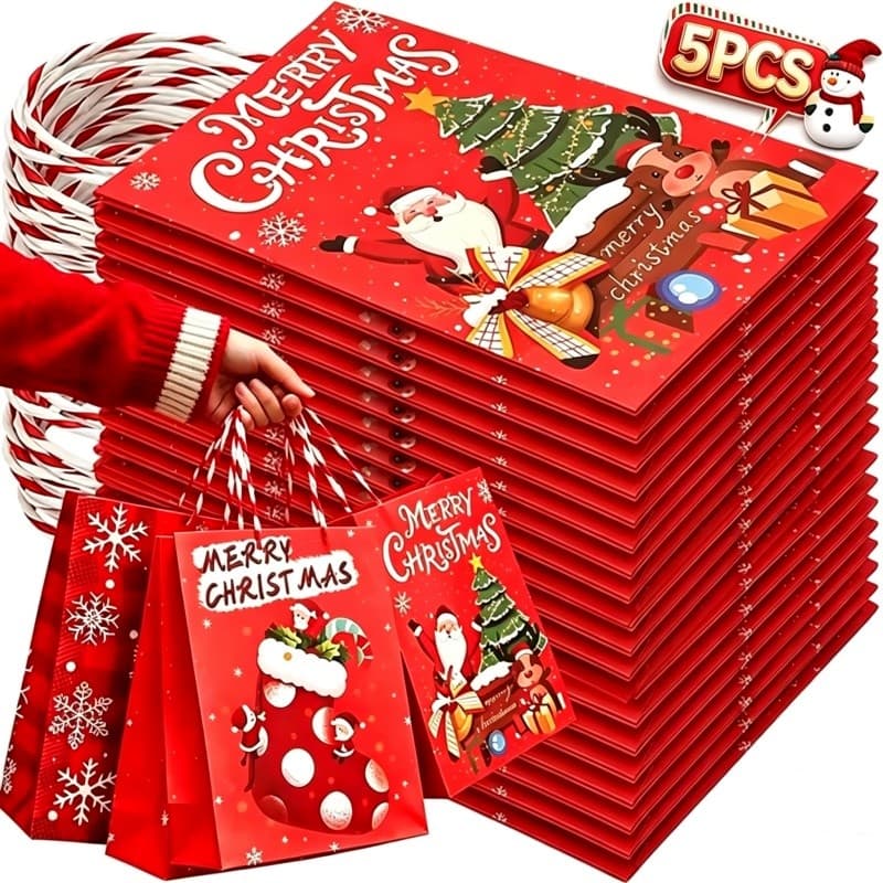 Saco De Presente De Lanche Série De Natal Dobrável Portátil-Estampas De Floco De Neve Reutilizáveis Bolsa Decoração De F