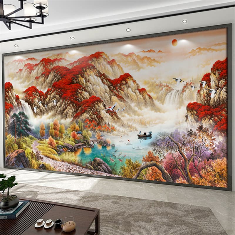 Estilo chinês sala de estar pano parede escritório Hotel sofá fundo papel parede boa sorte Dangtou sorte montanha água s