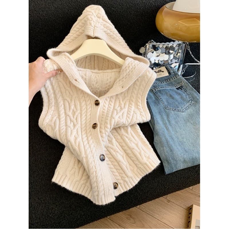 Recomendação auto-reservada ~ versão coreana com capuz colete de malha Cardigan feminino outono inverno novo estilo High
