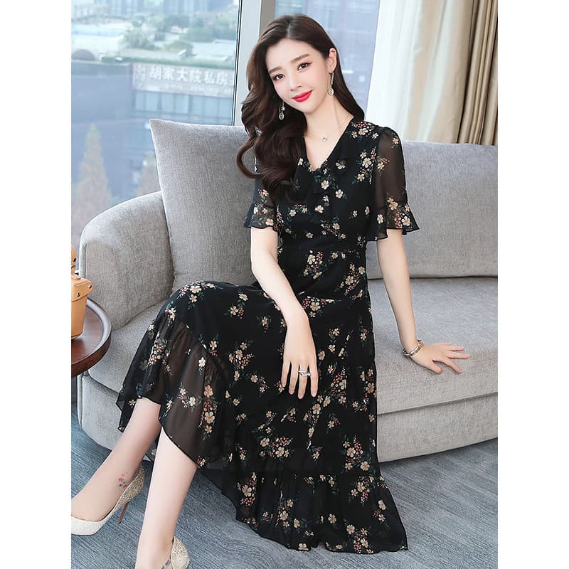 Vestido Floral de Chiffon 2026 novo estilo feminino verão elegante tamanho grande mãe cobrindo carne mais magro olhar sa