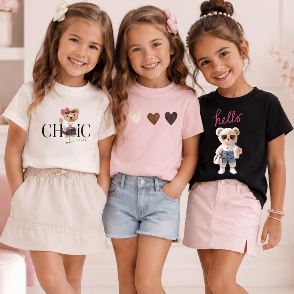 Kit 3 Camisetas Femininas de Menina Infantil juvenil Delicada Ursos chic 2 ao 16