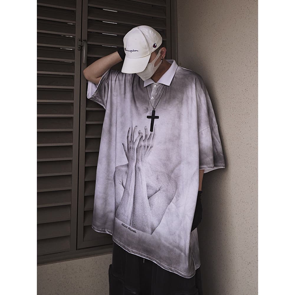 UUCSCC street Wear High street lama tingido vintage meia manga Hip Hop solto Retro angustiado gola POLO manga curta cami