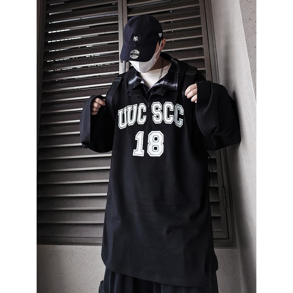 UUCSCC Hip-Hop High Street falso duas peças solto impresso moletom americano cleanfit pulôver básico camisa de fundo mas