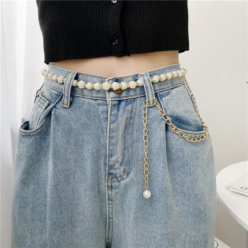 Versão coreana pérola cintura corrente decoração feminina All-Match moda combinando vestido terno cinto luz estilo de lu