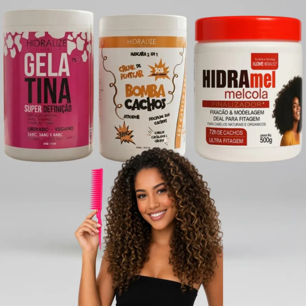 Kit Mel Cola + Gelatina Capilar + Bomba Cachos + Pente Fitagem Qualidade Premium