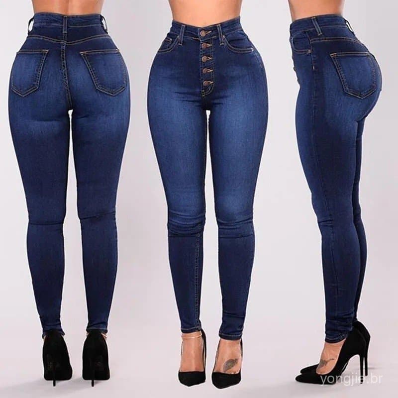 Calças Jeans Femininas de Cintura Alta, Jeans Push Up, Alta Elasticidade, Calças Mom Jeans Femininas, Calças Skinny de D