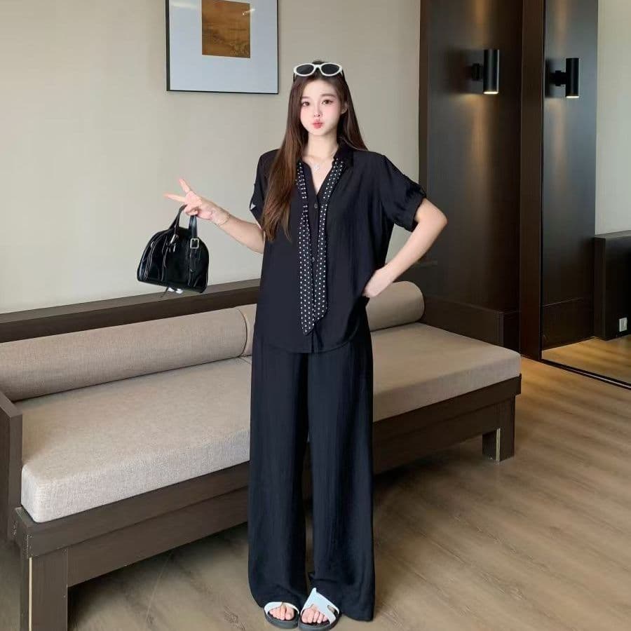 Novo tamanho grande feminino verão coreano camisa de manga curta cintura alta calças largas soltas casuais dois ternos20