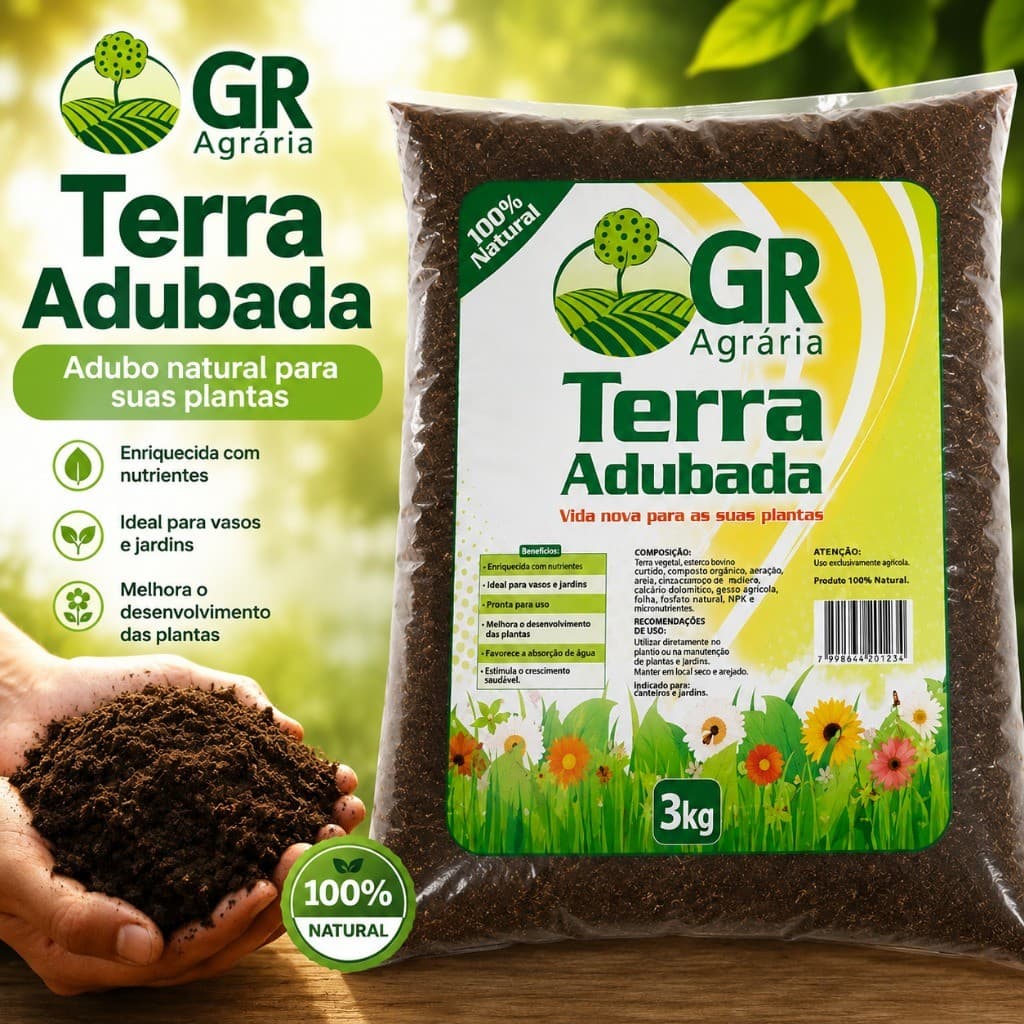 Terra Adubada 3kg GR Agrária – Substrato Fértil para Cultivo de Plantas, Flores e Hortaliças