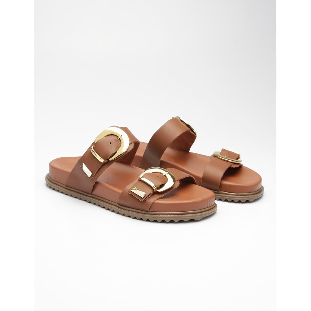 Sandália Papete Feminina Couro Flatform Fivela Dourada Rasteira Confortável