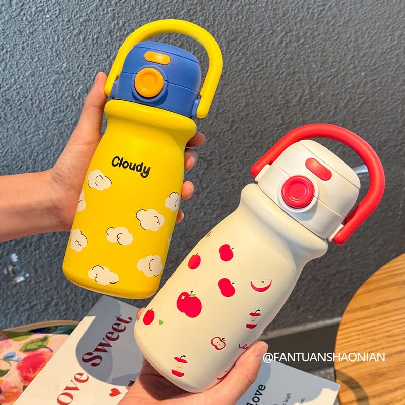 Copo de Bebê em Aço Inoxidável Isolado com Desenho Animado, Copo Portátil de Uso Duplo para Esportes com Alça ELJG