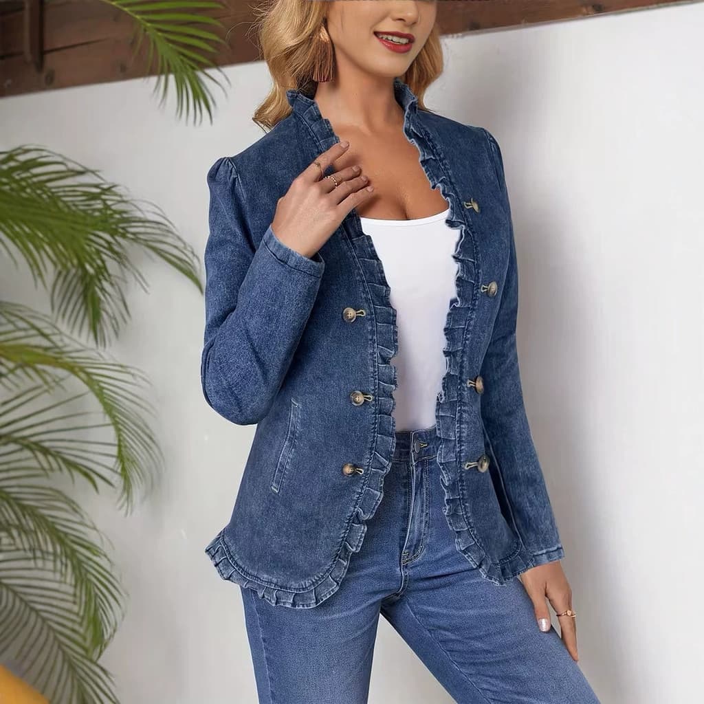 Jaqueta jeans feminina com babados azul escuro, lapela, manga comprida, cintura estreita, aparência mais fina, jaqueta f