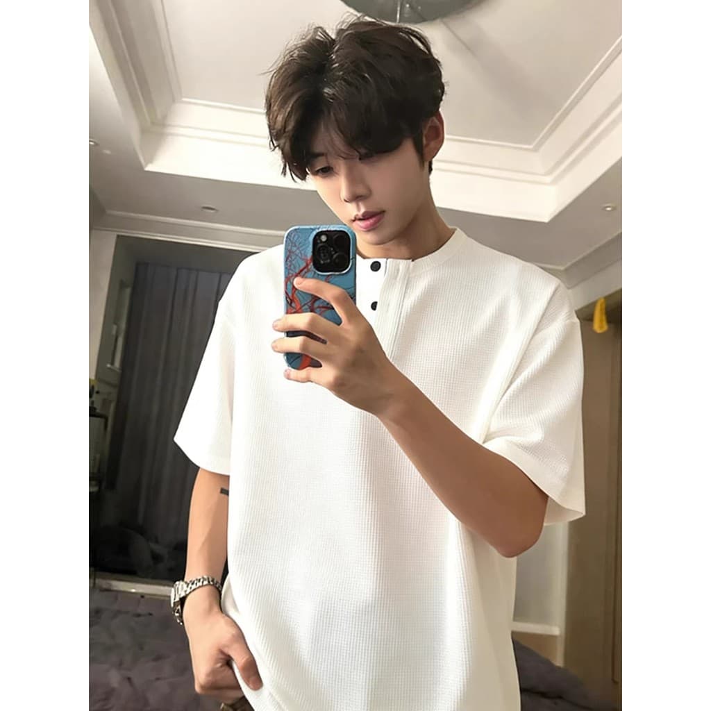 Americano branco Henry colarinho camiseta masculina verão pesado Waffle frente ombro de manga curta rufião bonito camisa