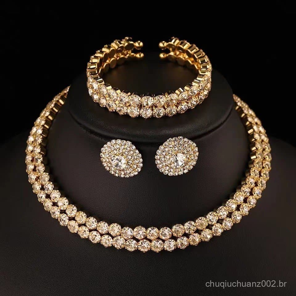 Moda ouro cheio de diamante dupla drenagem colar de diamante conjunto de três peças colar de casamento nupcial brincos p