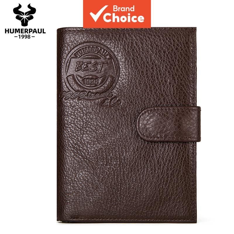 HUMERPAUL carteira de couro de vaca clássica masculina, porta-passaporte, vários compartimentos para cartões, bolso para
