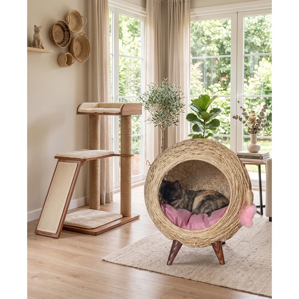 Arranhador gatos toca Palha almofada Rosa sisal 4 pés madeira 50x43 suporta 10kg