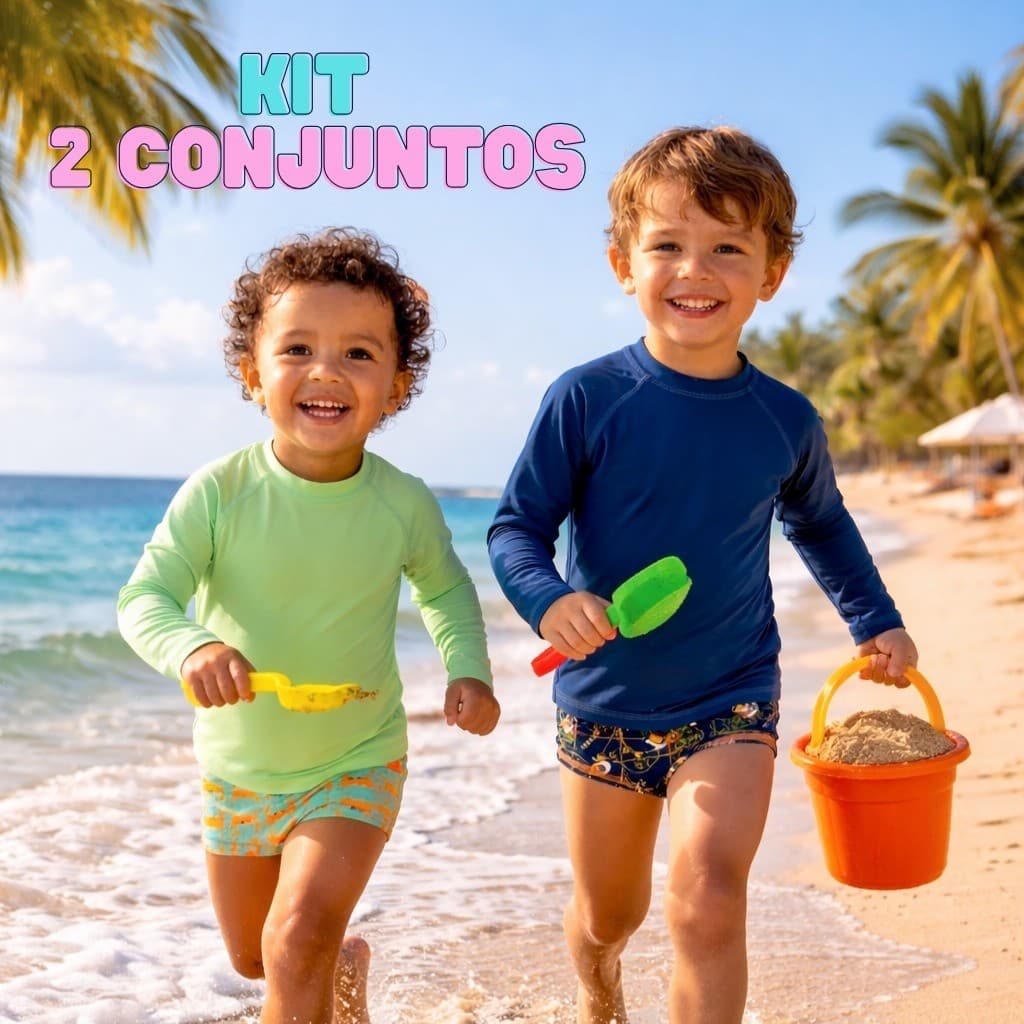 Kit 2 Sunga Infantil Com Blusa Térmica Proteção Solar UV 50+ Menino Moda Praia Estampa Divertida