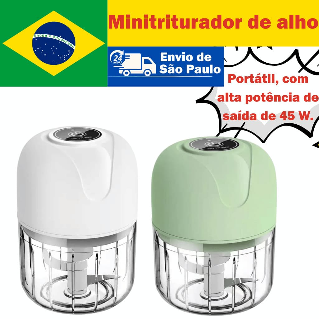 Triturador De Alho Recarregável 45W 250ml Lâminas Aço Inox USB Um Toque
